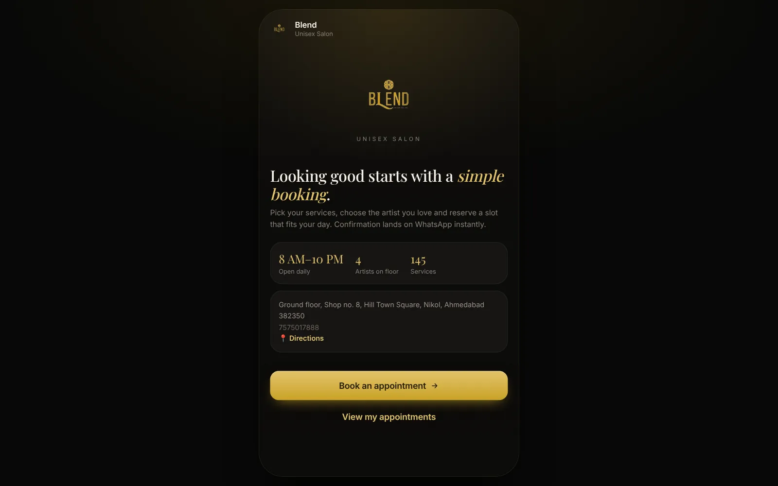 Blend Unisex Salon: Online booking app homepage